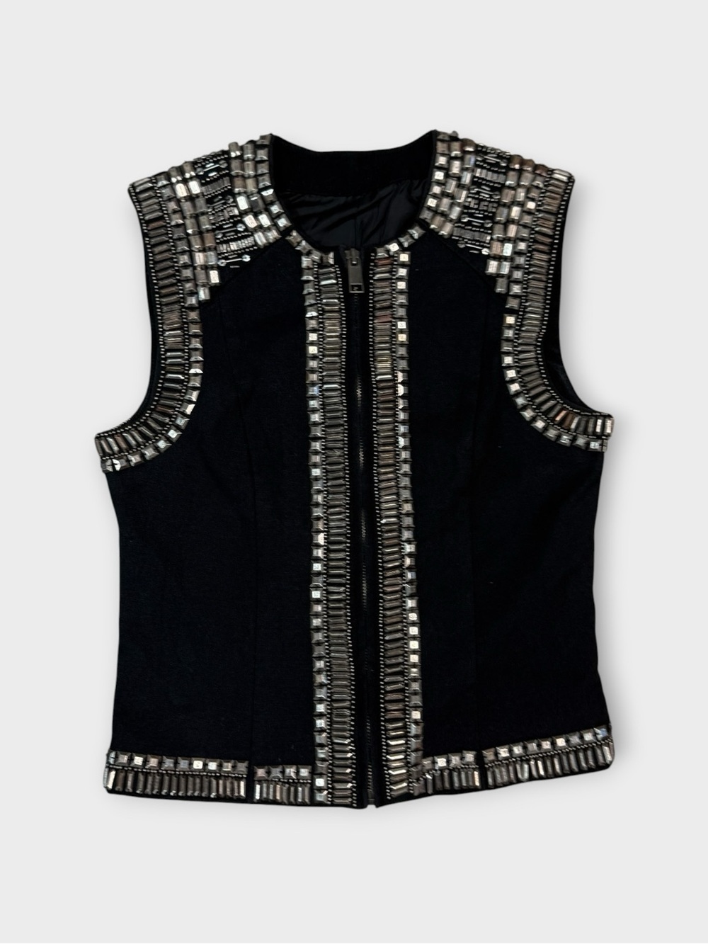 Y2K Embellished Beaded Zip Front Vest Black Evening Top Glam Party Vest